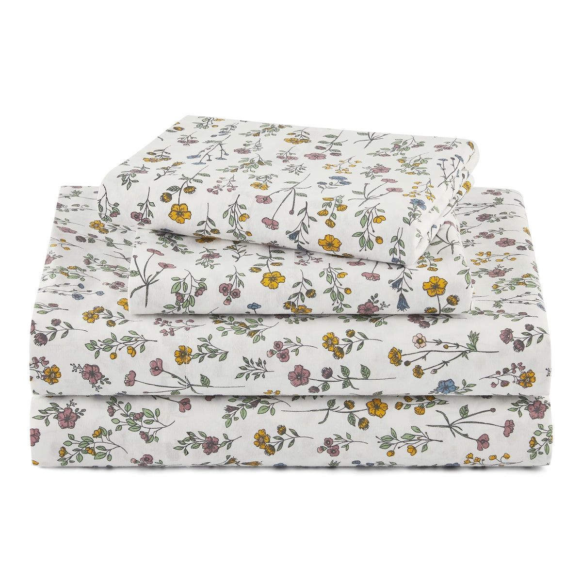 Beautiful Botanical 4-Piece 100% Cotton Washed Percale White Sheet Set, Queen by Drew Barrymore